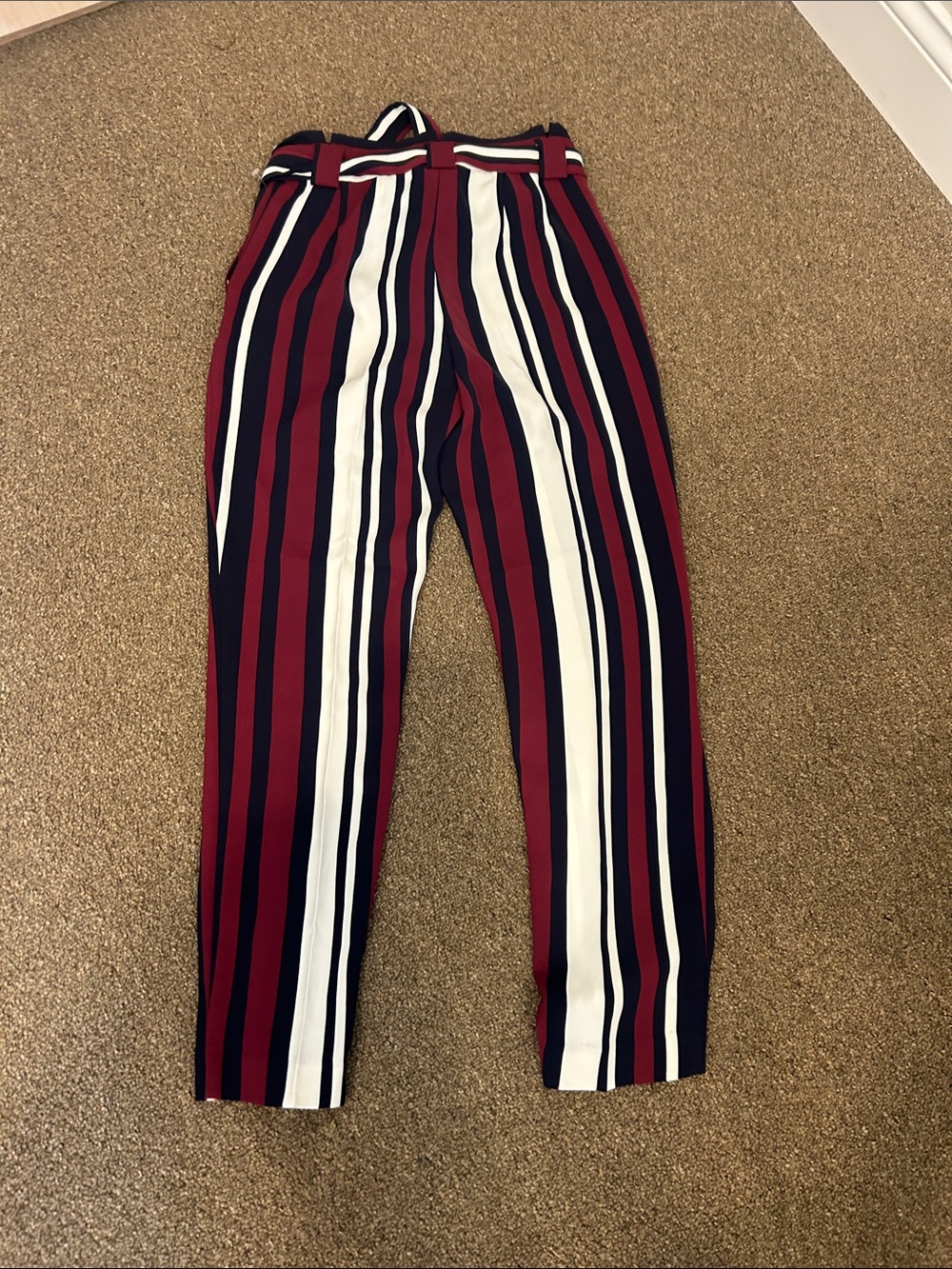 Express Striped Paperbag Waist Pants - Navy, Red, White - Picture 4 of 5